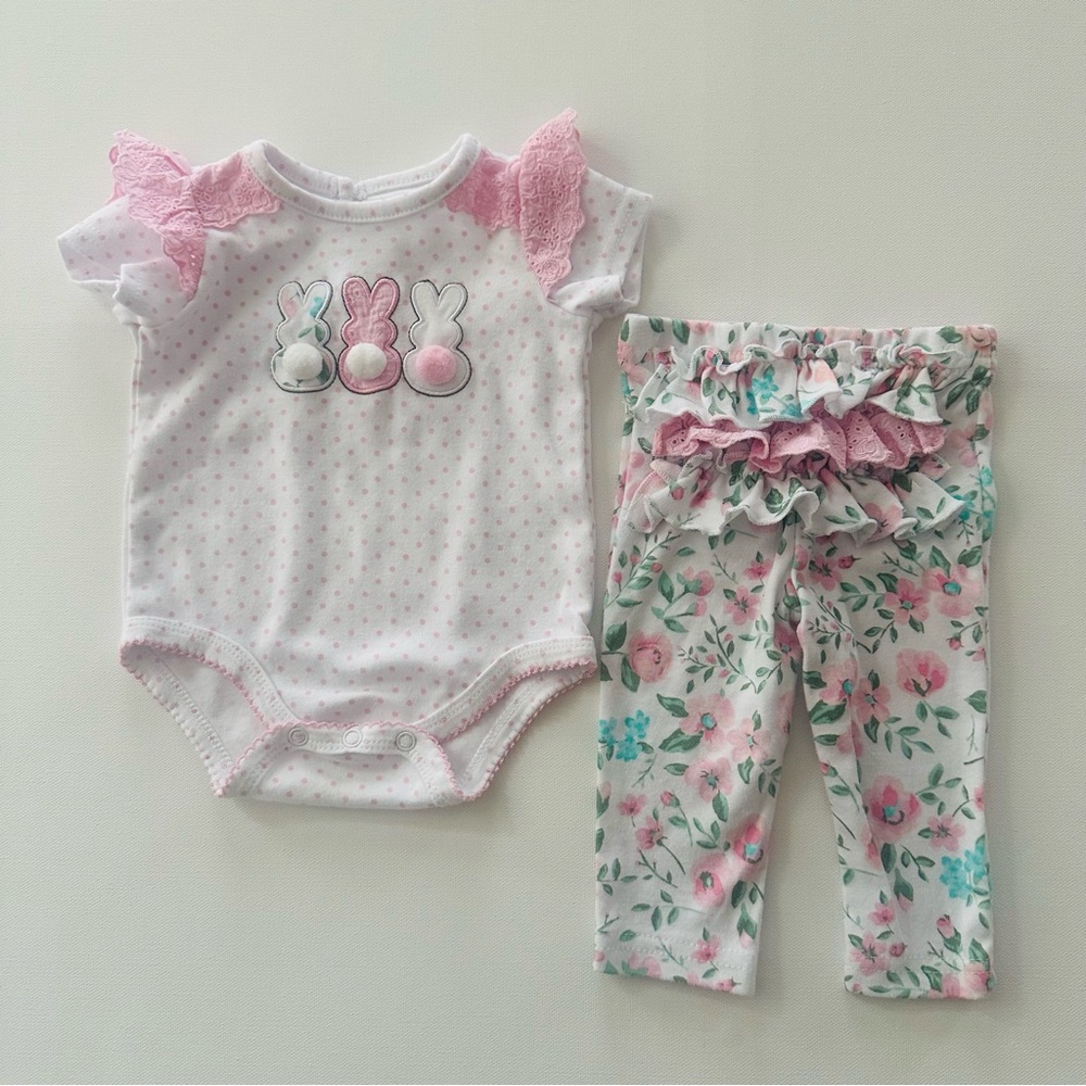 Baby Essentials 3 Months Girl Easter Bunny Tail Floral Bodysuit Pant Set Outfit - Picture 1 of 6